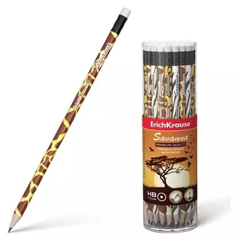 Карандаш чернографитный с ластиком Erich Krause Savanna HB, грифель D 2.2 мм, круглый, из отборной древесины, в тубусе