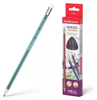 Карандаш чернографитный с ластиком Erich Krause Sonata HB, грифель D 2.2 мм, трёхгранный, из отборной древесины