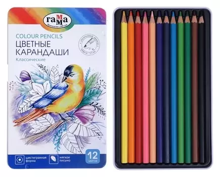Карандаши 12цв гамма "Классические", увел D-3,3мм, заточ, метал пенал 80220212