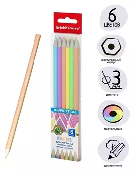 Карандаши 6 цветов Erichkrause Inspiration Pastel, дерево, шестигранные, мягкий 3.0 мм грифель пастельной палитры, пластиковый футляр, европодвес