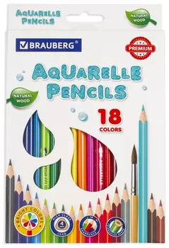 Карандаши цветные акварельные Brauberg Premium Aquarelle, 18 цветов, грифель мягкий 4 мм, 181672