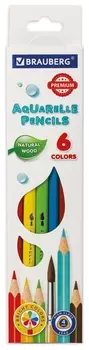 Карандаши цветные акварельные Brauberg Premium Aquarelle, 6 цветов, грифель мягкий 4 мм, 181670.