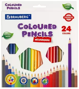 Карандаши цветные Brauberg Premium, 24 цвета, шестигранные, грифель мягкий 3,3 мм, 181658