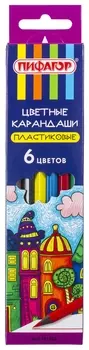 Карандаши цветные пифагор "Сказочный город", 6 цветов, черный пластик, заточенные, 181582