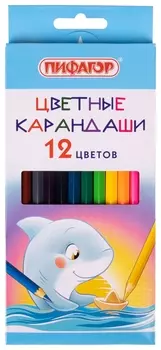 Карандаши цветные пифагор "Веселые акулята", 12 цветов, классические, заточенные, 181816