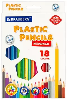 Карандаши цветные пластиковые Brauberg Premium, 18 цветов, шестигранные, грифель мягкий 3 мм, 181667
