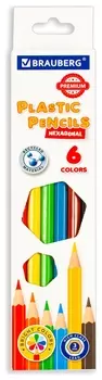 Карандаши цветные пластиковые Brauberg Premium, 6 цветов, шестигранные, грифель мягкий 3 мм, 181665