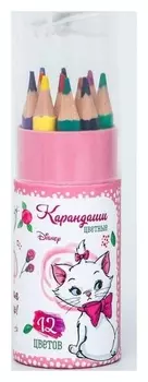 Карандаши цветные с точилкой в тубусе мини, 12 цветов, "Мари", коты аристократы