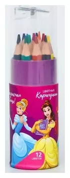 Карандаши цветные с точилкой в тубусе мини, 12 цветов, "Принцессы дисней", принцессы