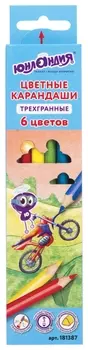 Карандаши цветные юнландия "Юнландик быстрее всех", 6 цветов, трехгранные заточенные, 181387