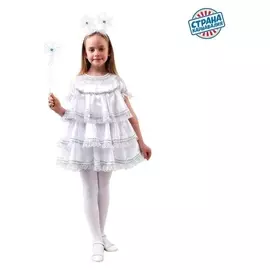 Карнавальный костюм «Снежинка с воланами», атлас белый, платье, ободок, рост 98-104 см