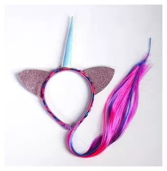 Карнавальный ободок "Единорог" с косичкой, цвет розовый