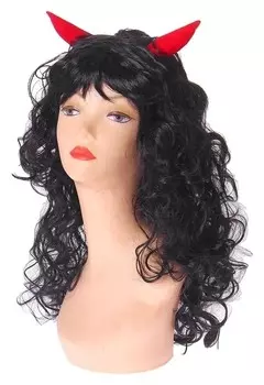 Карнавальный парик, с красными рогами, чёрные волосы, 130 г