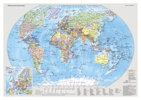 Карта настольная Мир и россия двусторонняя 1:80млн., 1:18млн., 0,49х0,34м.