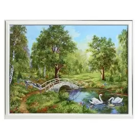 Картина "Лебеди в лесном пруду" 30х40 (33х43)см