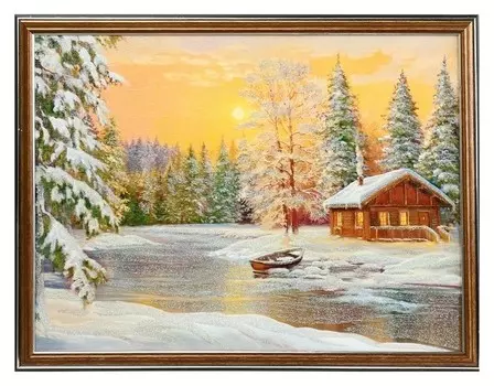 Картина "Зимний вечер у реки" 33х43 см