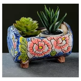 Кашпо-бонсайница "Пионы", синее, на ножках 15*9*10см