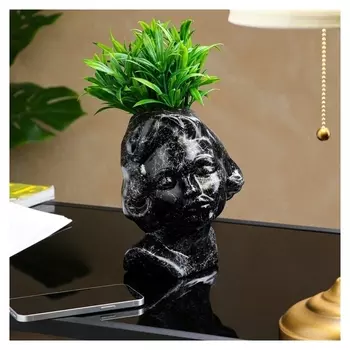 Кашпо "Голова девушки", чёрное под мрамор, 20 см