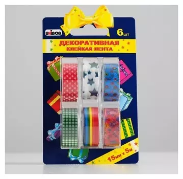 Клейкая лента декоративная Unibob 15мм х 5м разноцветная 6 шт