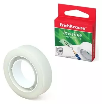Клейкая лента канцелярская Erich Krause Invisible, 12 мм х 20 метров, прозрачная с антибликовой матовой поверхностью, незаметна на ксерокопиях, банкнотах, фотографиях, 1 штука, в коробке с европодвесом