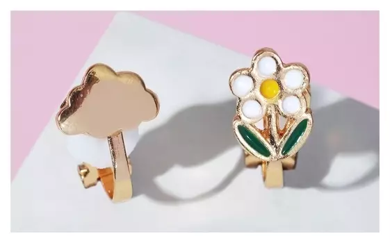 Клипсы детские "Выбражулька" облачко и цветочек, цвет бело-зелёный в золоте