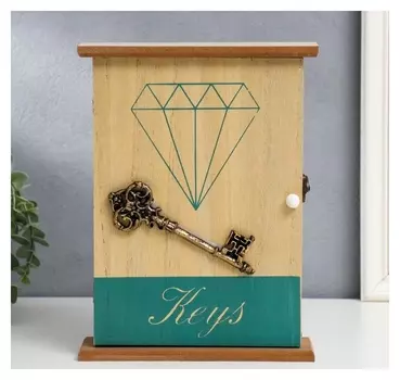 Ключница дерево 6 крючков "Бриллиант и ключ" зелёный и золото 26,5х21х6,7 см