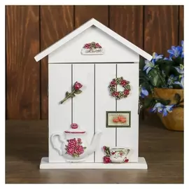 Ключница дерево 6 крючков домик "Чайный сервиз и розы" белая 28х21,6х7 см