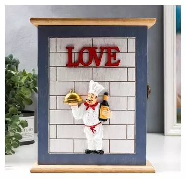 Ключница дерево 6 крючков "Повар с вином и блюдом" 25х21х7,3 см