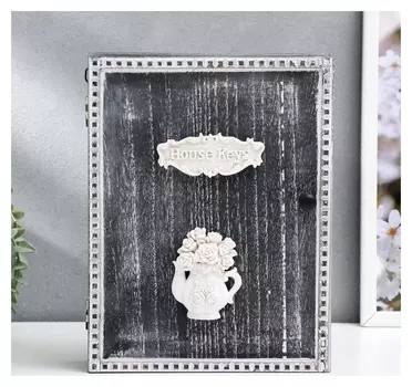 Ключница дерево 6 крючков "Розы в чайничке" серая 26х20х6,3 см