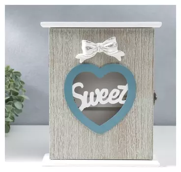 Ключница дерево 6 крючков "Сердце и бант" серый 25,5х7х21 см