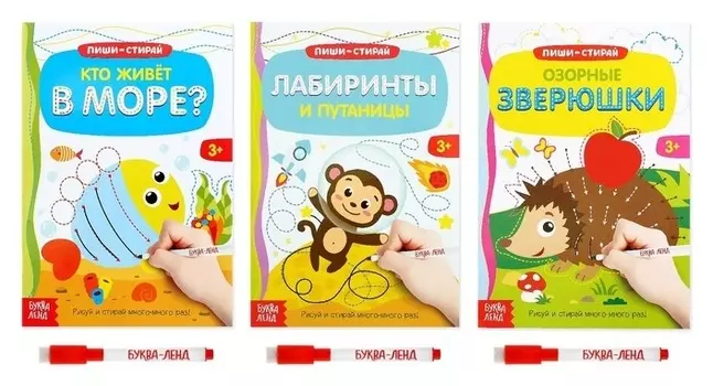 Книги многоразовые с маркером набор «Готовим руку к письму №2», 3 шт. по 12 стр.
