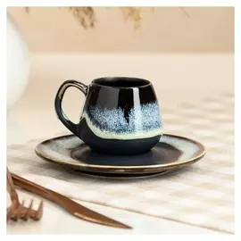 Кофейная пара "Бочка", глазурь, матовая, чёрно-зелёная, чашка 70 мл, блюдце