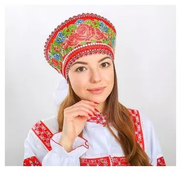 Кокошник "Красные и синие цветы" на красном