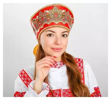 Кокошник прямой "Павлово-посадский узор" на красном