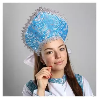 Кокошник "Всполохи"голубой атлас,поролон
