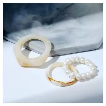 Кольцо набор 3 штуки "Кристаллы" жемчуг, цвет бежево-белый, размер