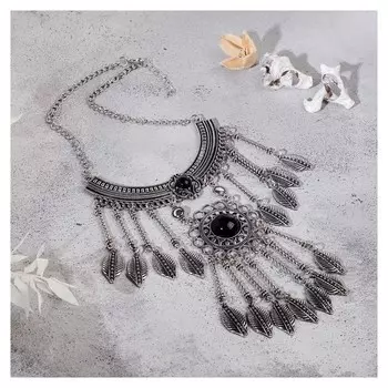 Колье "Ажурные перья" круг, цвет чёрный в чернённом серебре, L=35 см