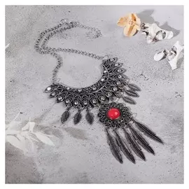 Колье "Ажурные перья" круг, цвет красный в чернёном серебре, L=35 см