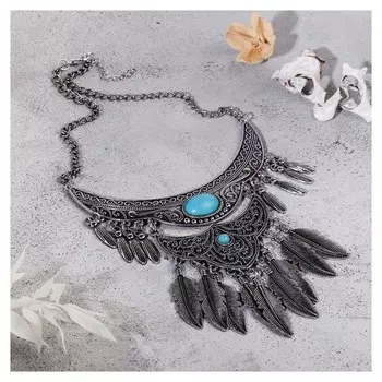 Колье "Ажурные перья" вензель, цвет голубой в чернёном серебре, L=35 см