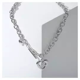 Колье "Цепь" сердце из коры, цвет серебро, 46см