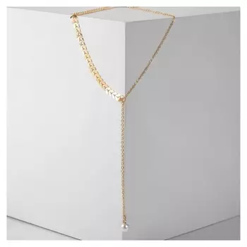 Колье "Цепочка" листочки и бусинка, цвет белый в золоте, длина 45см