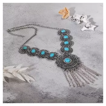 Колье "Гестия" круг, цвет голубой в чернёном серебре, L=45 см