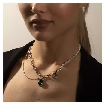 Колье "Капля" цветок, цвет бело-зелёный в серебре, 35 см
