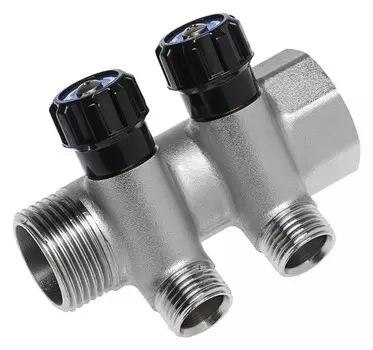 Коллектор "СТМ" профи, с вентилями, 1"х1/2", 2 выхода, никелированный