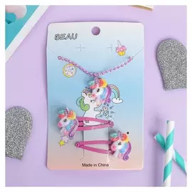 Комплект детский 2 пред-та: 2 заколки, кулон "Единорроги" яркие, цвет тёмно-розовый