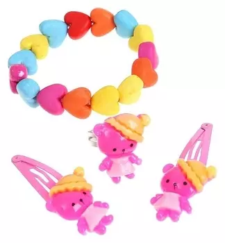 Комплект детский 4 предмета: 2 заколки, браслет, кольцо "Сердечки"