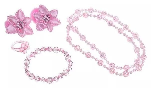 Комплект детский 5 предметов: 2 резинки, бусы, браслет, кольцо, цветочек