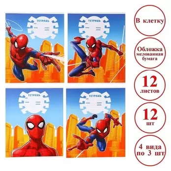 Комплект тетрадей из 12 шт "Человек-паук", 12 листов, в клетку, обложка бумага мелованная