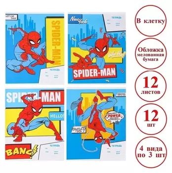Комплект тетрадей из 12 шт "Человек-паук", 12 листов, в клетку, обложка бумага мелованная