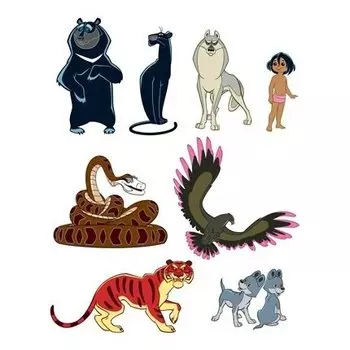 Комплект вырубных мини-плакатов. герои сказки маугли (8 персонажей из мультфильма) (с уф-лаком)